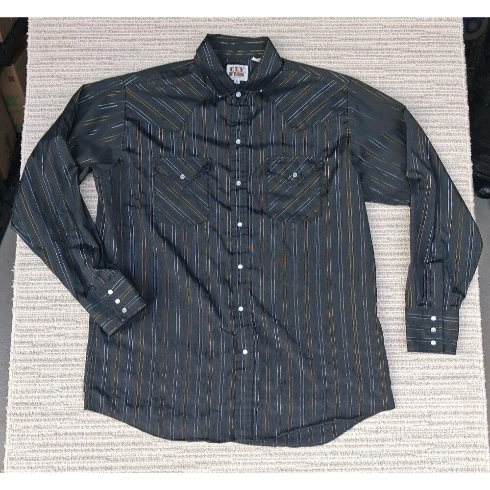 Ely Cattleman SZ L men's long sleeve black pins stripe western pearl snap shirt